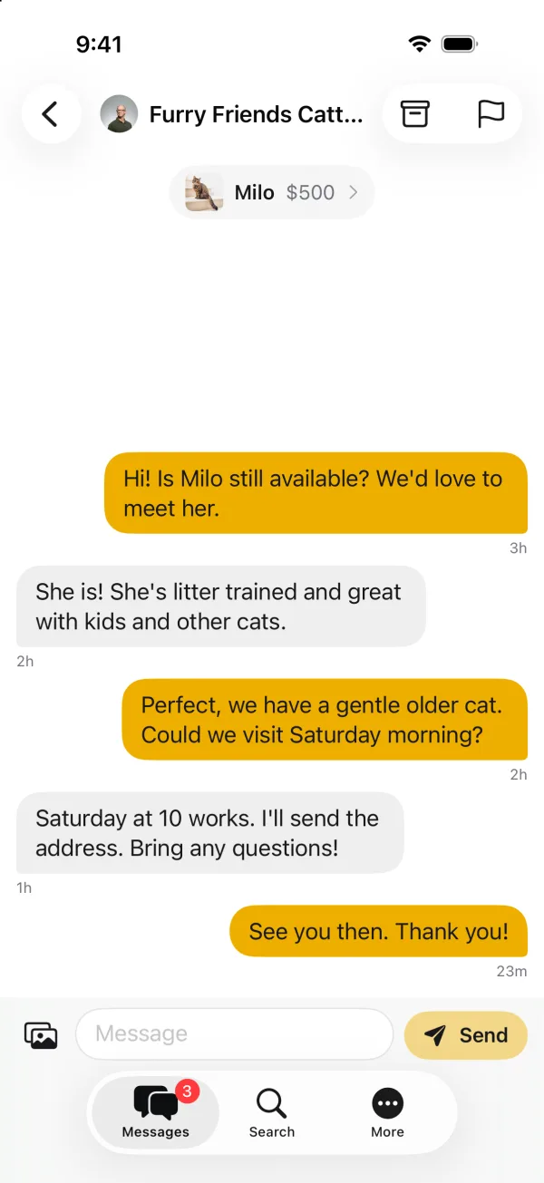 Messaging a breeder about a cat in the Furizzma app