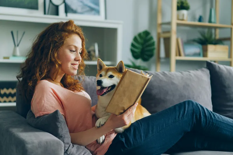 A woman reading on the couch beside her Shiba Inu